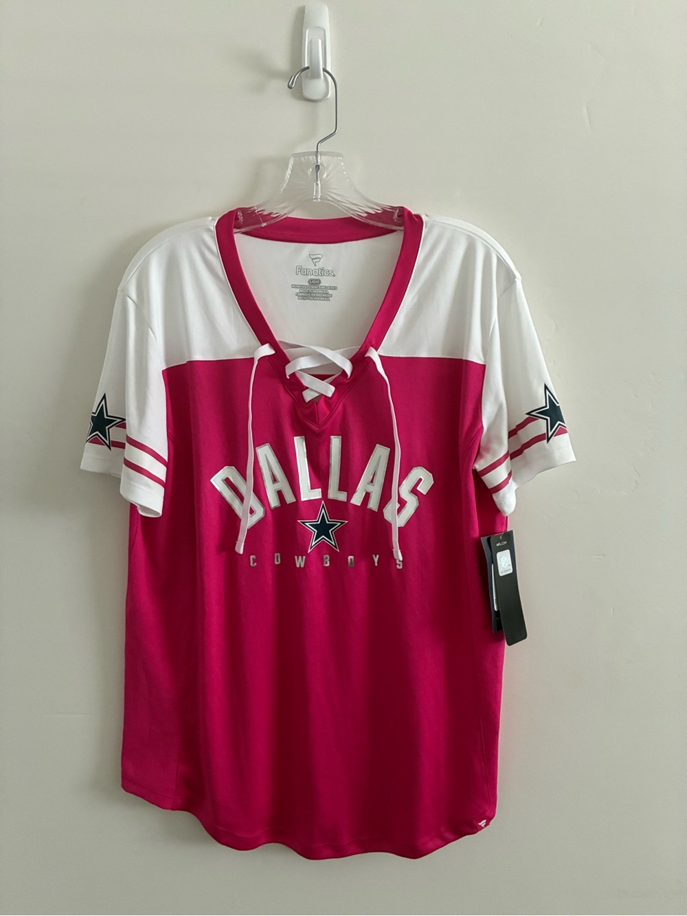 Fanatics Women's Dallas Cowboys Lace-Up V-Neck Jersey Top - Pink and White